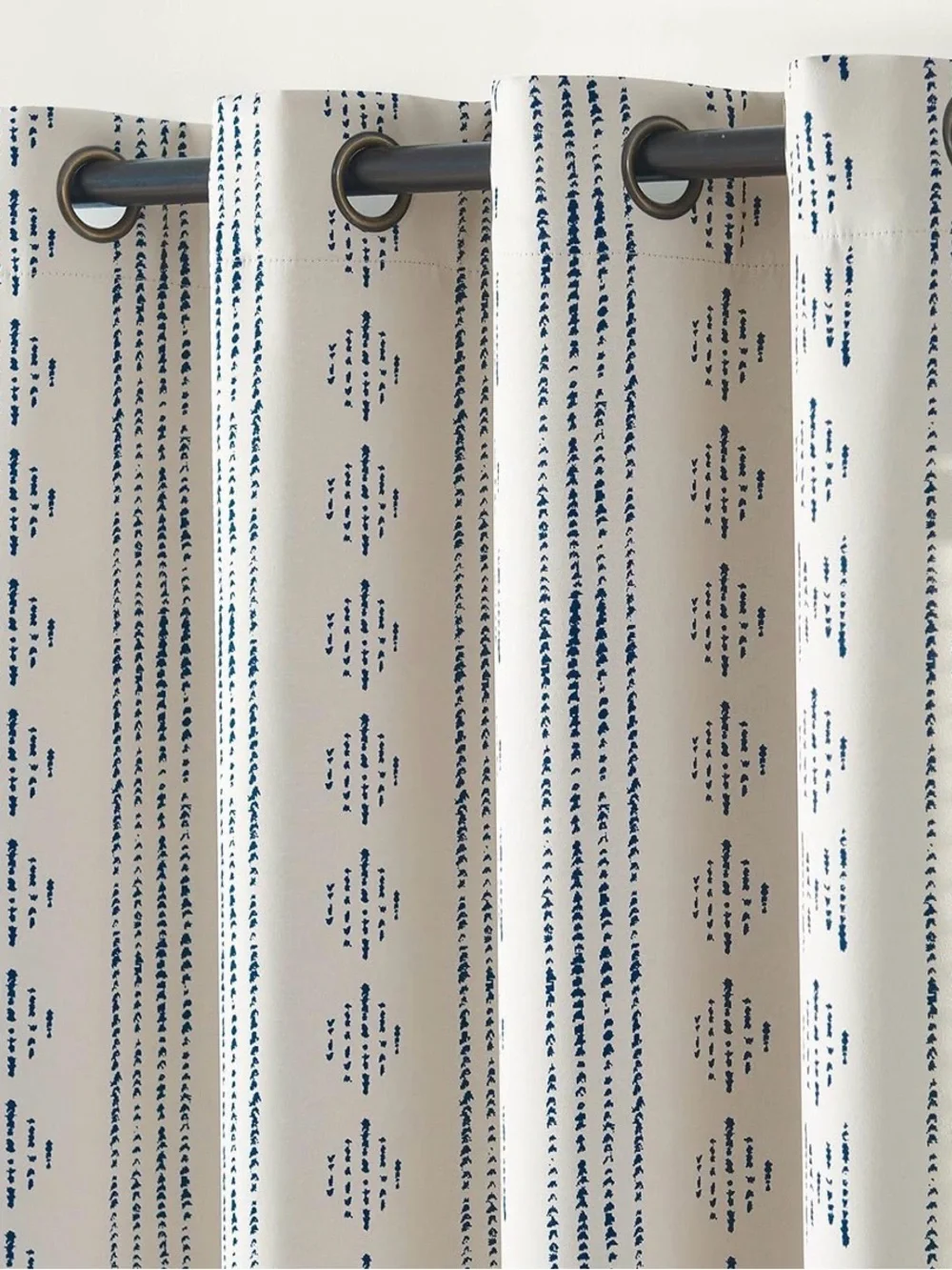 Blackout Boho Grommet Curtains in Blue & Beige with Geometric Print. 4 Panels.